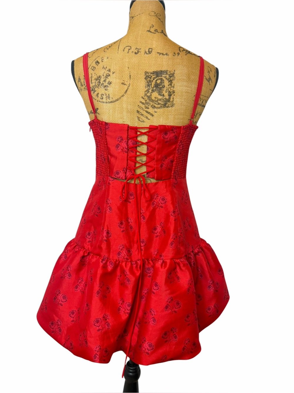 NWT For Love & Lemons Annika Red Rose Jacquard Corset Bubble Mini Dress M - Picture 4 of 7